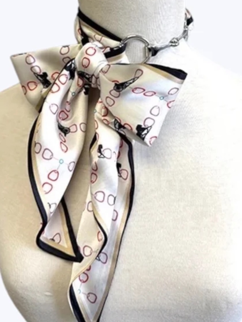 Silk-Look Cream Bow Neck Scarf with Black Trim